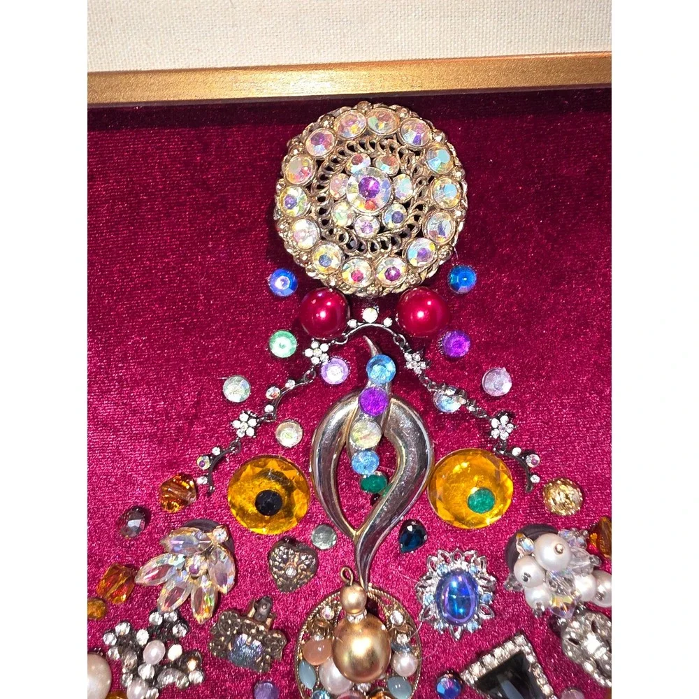 Vintage Costume Jewelry Christmas Tree Framed Art Burgundy Velvet Gilt Frame